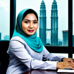 **

"A professional Malay businesswoman in a modest baju kurung, sitting at a desk in a Kuala Lumpur office with the Petronas Towers visible in the background, fully clothed, appropriate attire, safe for work, perfect anatomy, natural proportions, professional photography, high quality."

**